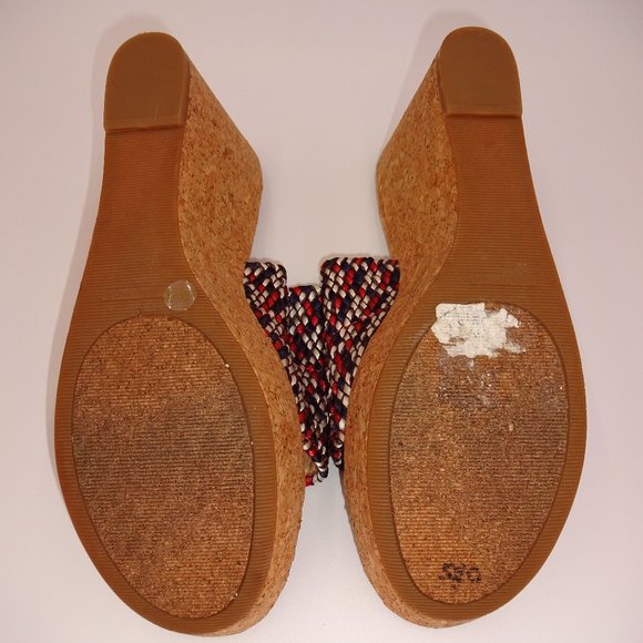 Womens 10M 10 Lucky Brand White Blue Red Slip On Platform Shoes Sandals Cork - Picture 6 of 9